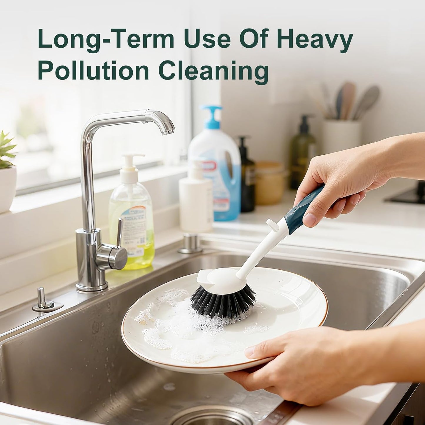 Dish Brush, 2 Pack with Comfortable Handle, with Built-in Scraper, Scrub Brush with Medium Firm bristles for Cleaning Dishes, Sink, Pots (Brown)