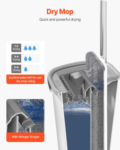 Happybuy Mop and Bucket with Wringer Set, Wet & Dry Use, Flat Mop with Stainless Steel Handle, 3 Washable Microfiber Pads, Mop Bucket for Hardwood, Tile, and Vinyl Floors