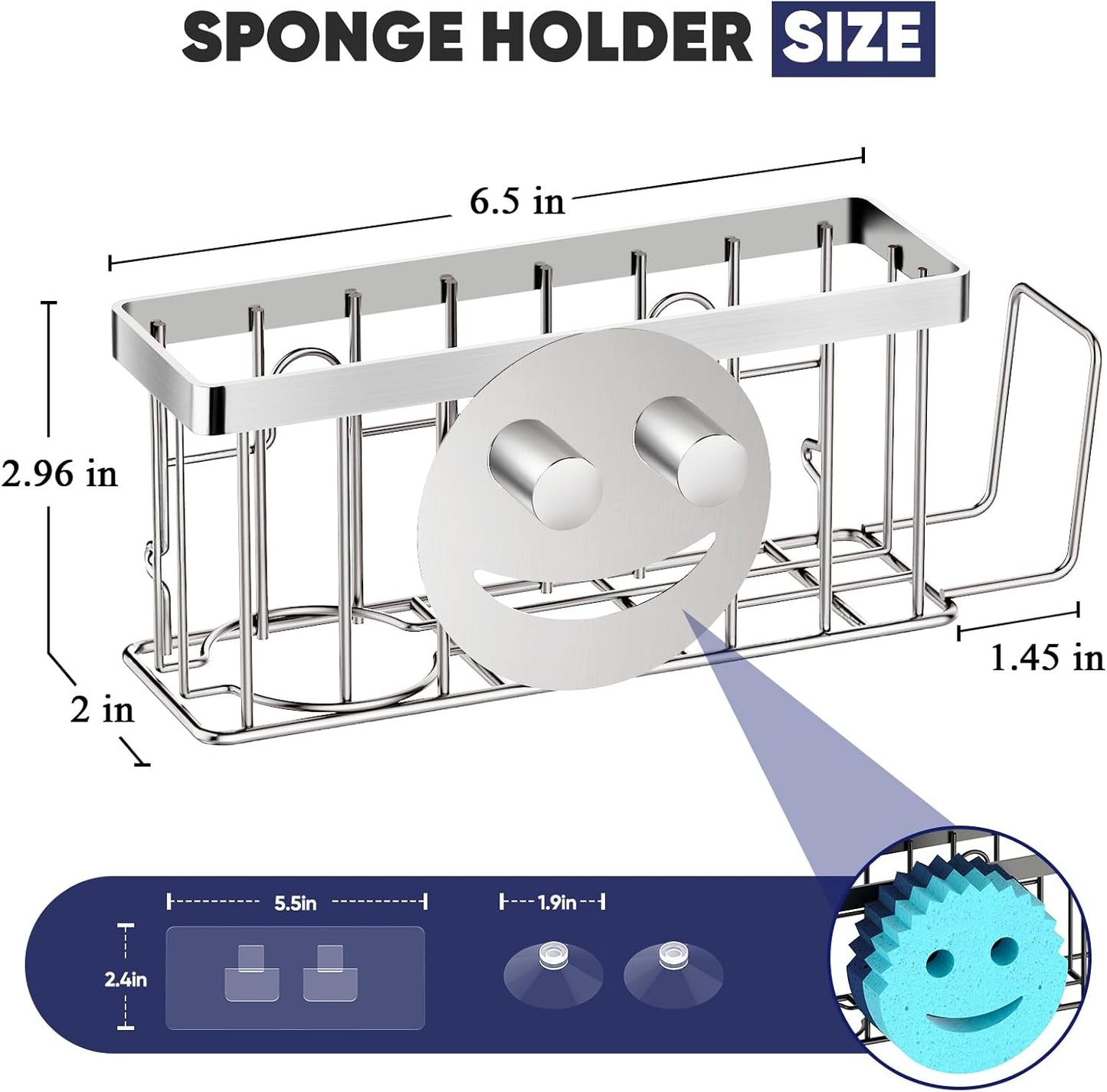 MURLONG Sponge Holder for Kitchen Sink,Sink Caddy Smiley Face,4-in-1 Sponge Holder with Suction Cups & 1 PCS Adhesive Strips for Holding Soap,Brush,Scrubber,Sponge,Stopper-Black
