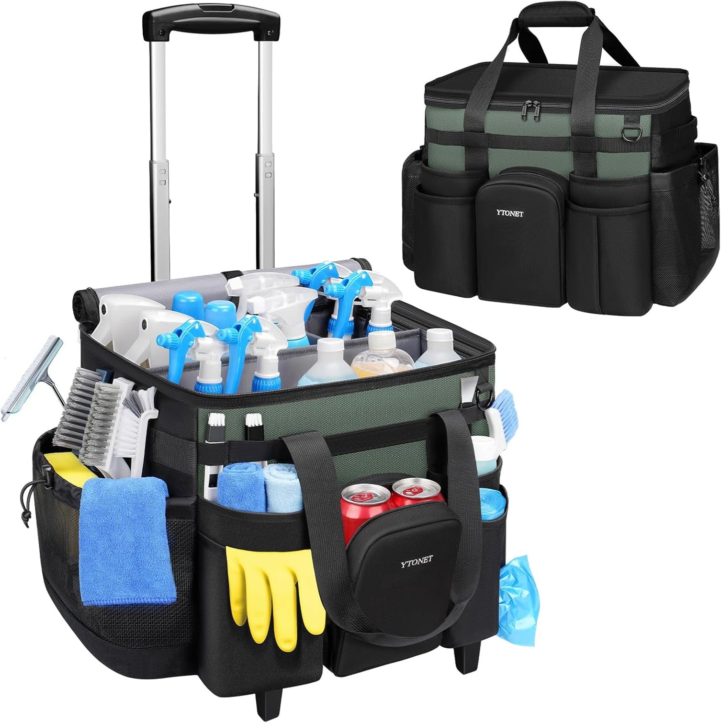 Ytonet Cleaning Caddy with Wheels, Extra Large Rolling Cleaning Caddy Bag with Detachable Trolley for Housekeepers, Water Resistant Cleaner Supplies Organizer with Wheels for Kitchen, Tool Organizer