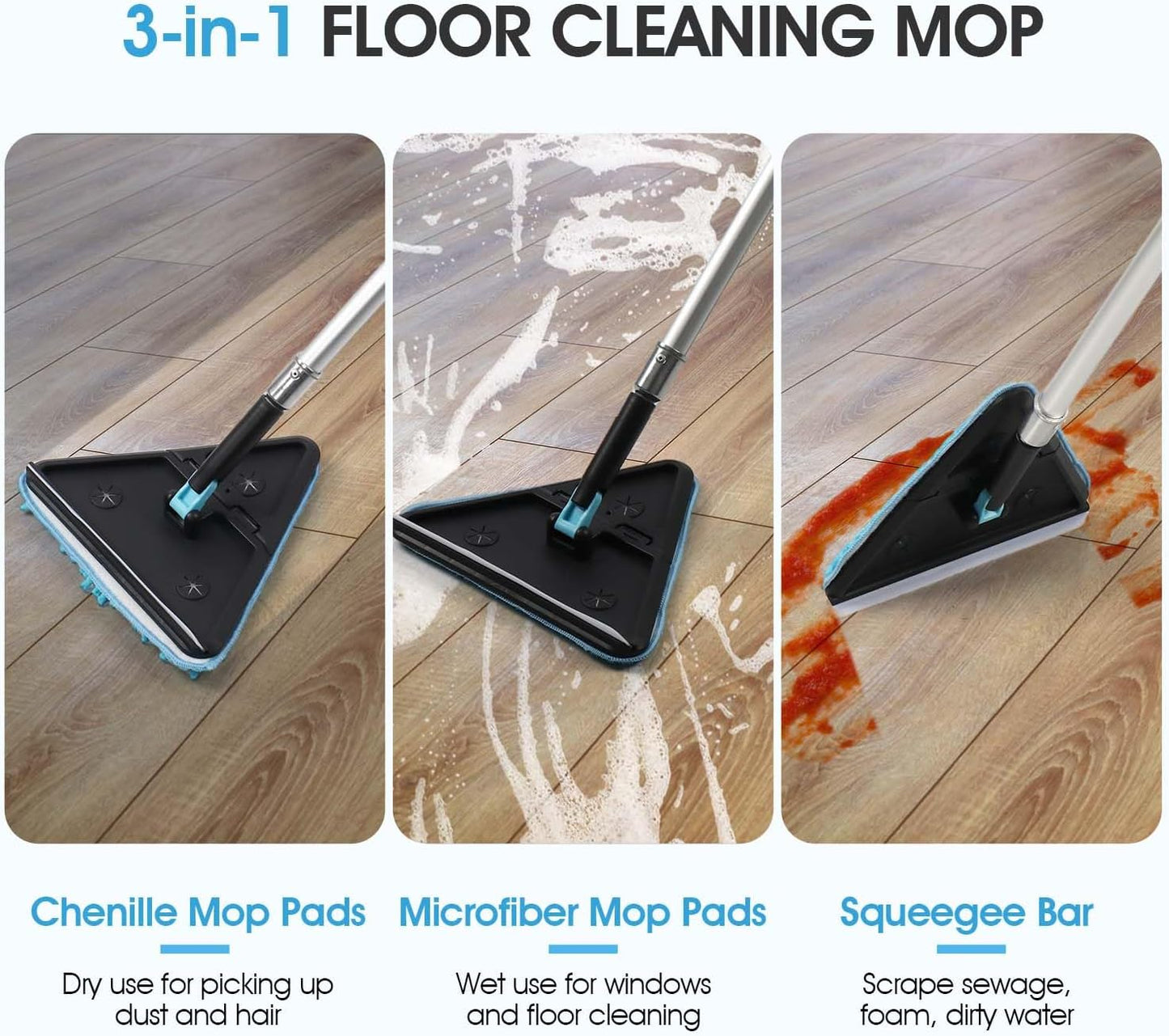 20 Foot Painted Wall Cleaner Mop with 12 Ft Heavy Duty Extension Pole, 3-in-1 High Ceiling Cleaning Tool with 4 Microfiber Chenille Pad, Cobweb Duster, Fan, Baseboard, Window Squeegee Kit (12ft)
