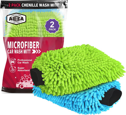 AIDEA Car Wash Mitt Microfiber, 2PK Scratch Free Lint-Free, Premium Chenille Microfiber Mitt Car Wash Brush, Green, Regular Size 7.12''X10.14''