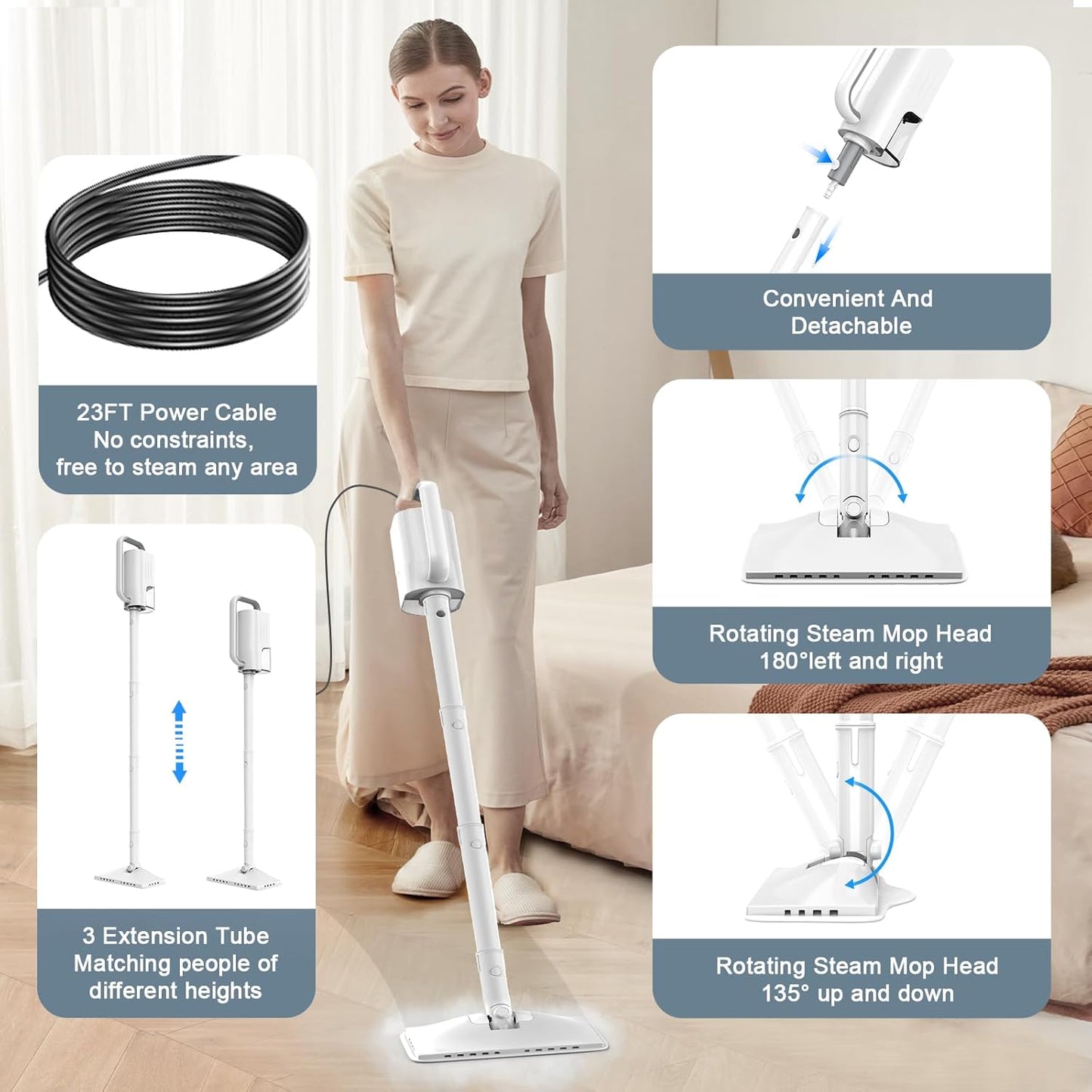 Steam Cleaner, 6 in1 Rotated Steam Mop Cleaner with 2 Modes, 2 Microfiber Pads, 400ML Removable Tank, 23FT Power Cable, Detachable Steam Mops for Floor, Laminate Floor, Tiles Cleaning (Azure)