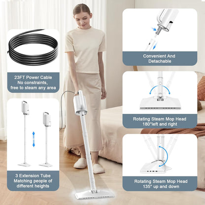 Steam Cleaner, 6 in1 Rotated Steam Mop Cleaner with 2 Modes, 2 Microfiber Pads, 400ML Removable Tank, 23FT Power Cable, Detachable Steam Mops for Floor, Laminate Floor, Tiles Cleaning (Azure)