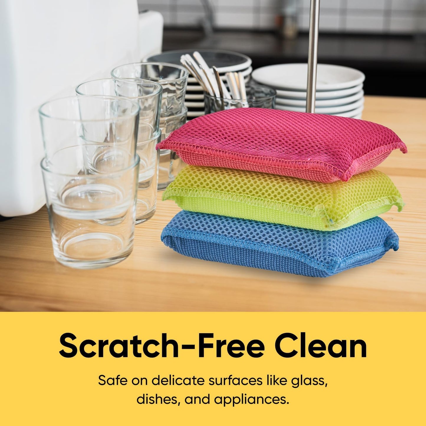 Superio Miracle Microfiber Sponges for Kitchen 3-Pack Red Yellow Blue, Kosher Non-Scratch Sponge Scrubber Heavy Duty Multi-Purpose Cleaning of Dishes, Pots, Pans and Counter tops, Machine Washable