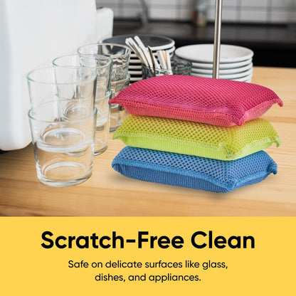 Superio Miracle Microfiber Sponges for Kitchen 3-Pack Red Yellow Blue, Kosher Non-Scratch Sponge Scrubber Heavy Duty Multi-Purpose Cleaning of Dishes, Pots, Pans and Counter tops, Machine Washable