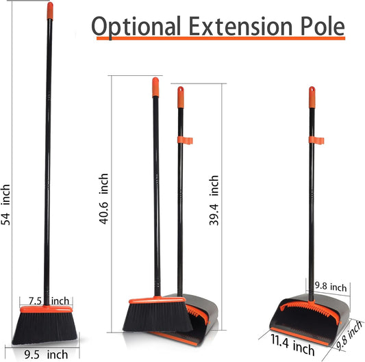 JEHONN Broom with Dustpan Combo Set, Long Handle Lightweight Indoor Broom Set, Upright Standing Dust Pan with Comb Teeth Store Sweep Set for Home Room Kitchen Office Lobby (Rose Red)