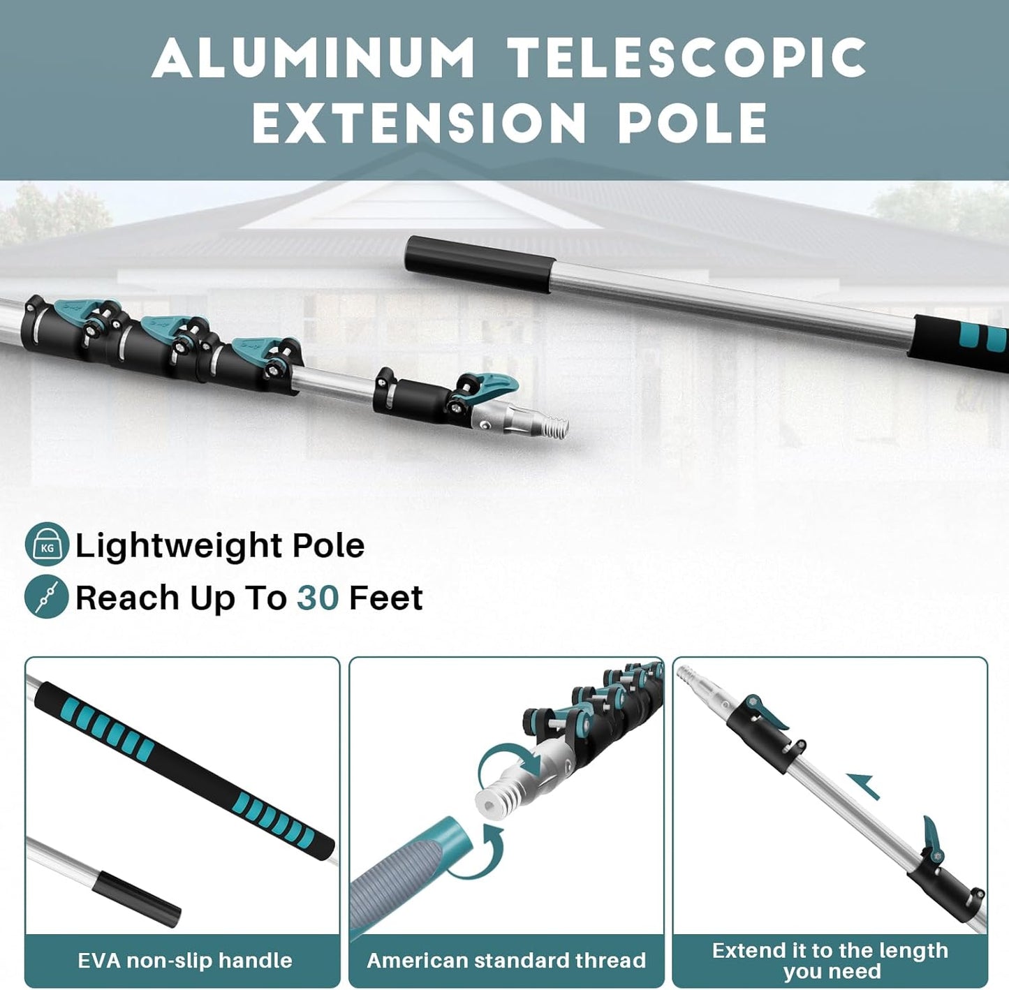 TelesPro 20 Foot High Reach Duster Kit with 5-12FT Extension Pole High Ceiling Dusting and Window Cleaning Kit with Telescopic Pole Window Washer&Squeegee,Cobweb Duster,Fan Duster and Feather Duster
