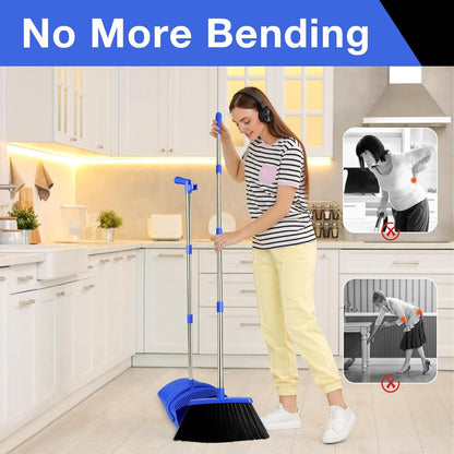 Broom and Dustpan Set with Long Handle, Light Weight Stainless Steel Poles Stand Upright Dustpans with Broom Combo for Home Kitchen Office Pet Dog Hair, Brown & Beige Color, 1-Pack