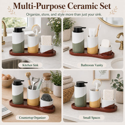 BosilunLife Kitchen Sink Caddy Set – 4-Piece Ceramic Soap Dispenser 12oz with Sponge & Utensil Holders on Drip Tray for Kitchen & Bathroom Countertop Organization (Liquid Pump)