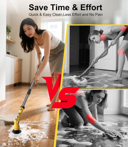 Electric Spin Scrubber with 8 Replaceable Brush Heads 6 Adjustable Angle Waterproof LED Display Cordless Cleaning Brush Supplies Bathroom Cleaner Set Long Handle Power Scrubber for Shower Floor Tub