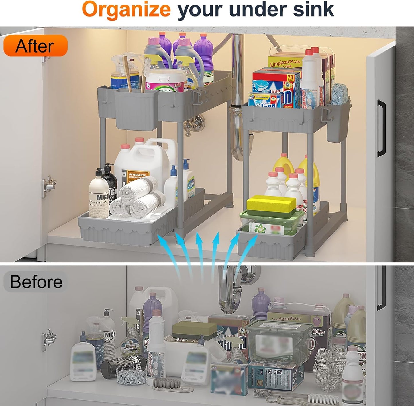 Sevenblue 4 Pack Under Sink Organizer, Bathroom Organizers and Storage, 2 Tier Multi-Use Pull Out Cabinet Organizer with Hang Hooks and Cups (Black, 4 Pack)