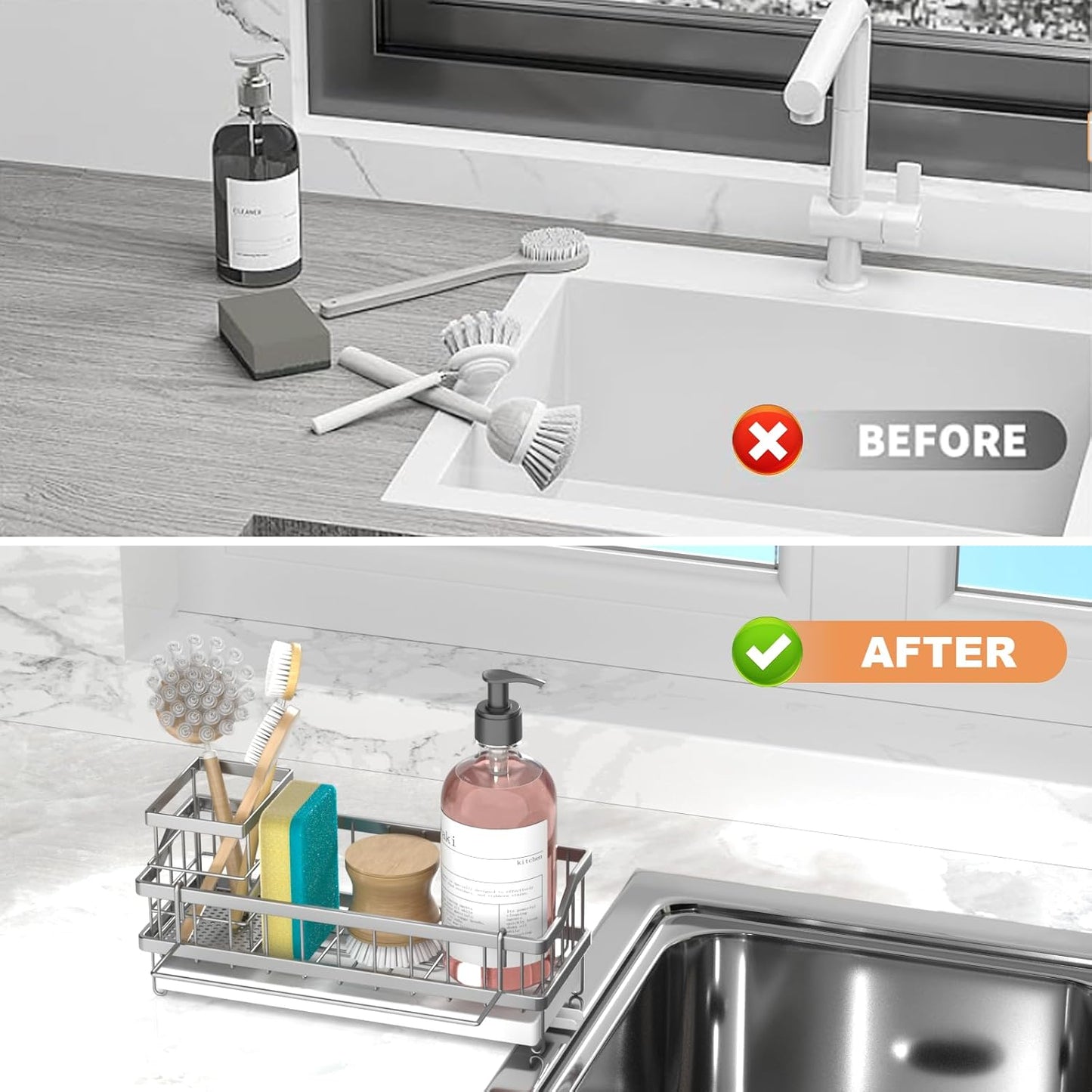 Sponge Holder for Kitchen Sink - Countertop Rustproof Stainless Steel, Sink Caddy, Kitchen Gadgets Accessories (Black)