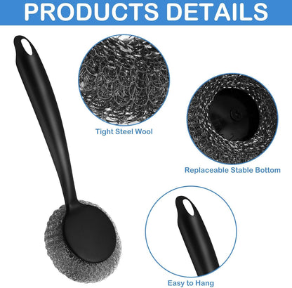 Stainless Steel Wool Scrubber with 2 Replacement Pads - Clean Metal Pans, Pots, Grills & More