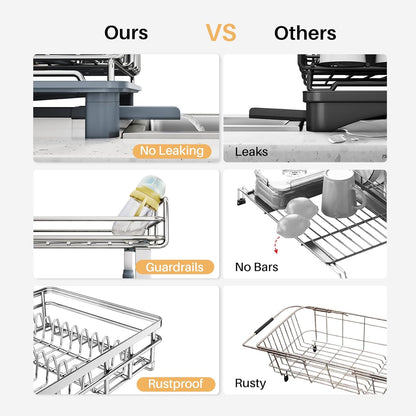 SNTD Dish Drying Rack - Extendable Dish Rack, Large Sink Drying Dish Drainer for Kitchen Counter, Stainless Steel Dish Strainer with Utensil Holder (Black)