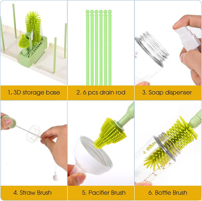 Travel Baby Bottle Cleaner Kit，7-in-1 Baby Bottle Brush Set for Travel and Home, All-in-One Baby Bottle Washing Kit: Integrated Cleaning & Drying System for Bottles and Breast Pump Parts (Green)