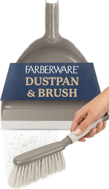 Farberware Handheld Broom and Dustpan Set with Rubber Lip – Small Dust Pan and Brush Set for Kitchen Crumbs, Cat Litter, Compact Hand Broom with Soft Grip Handle for Home Cleaning