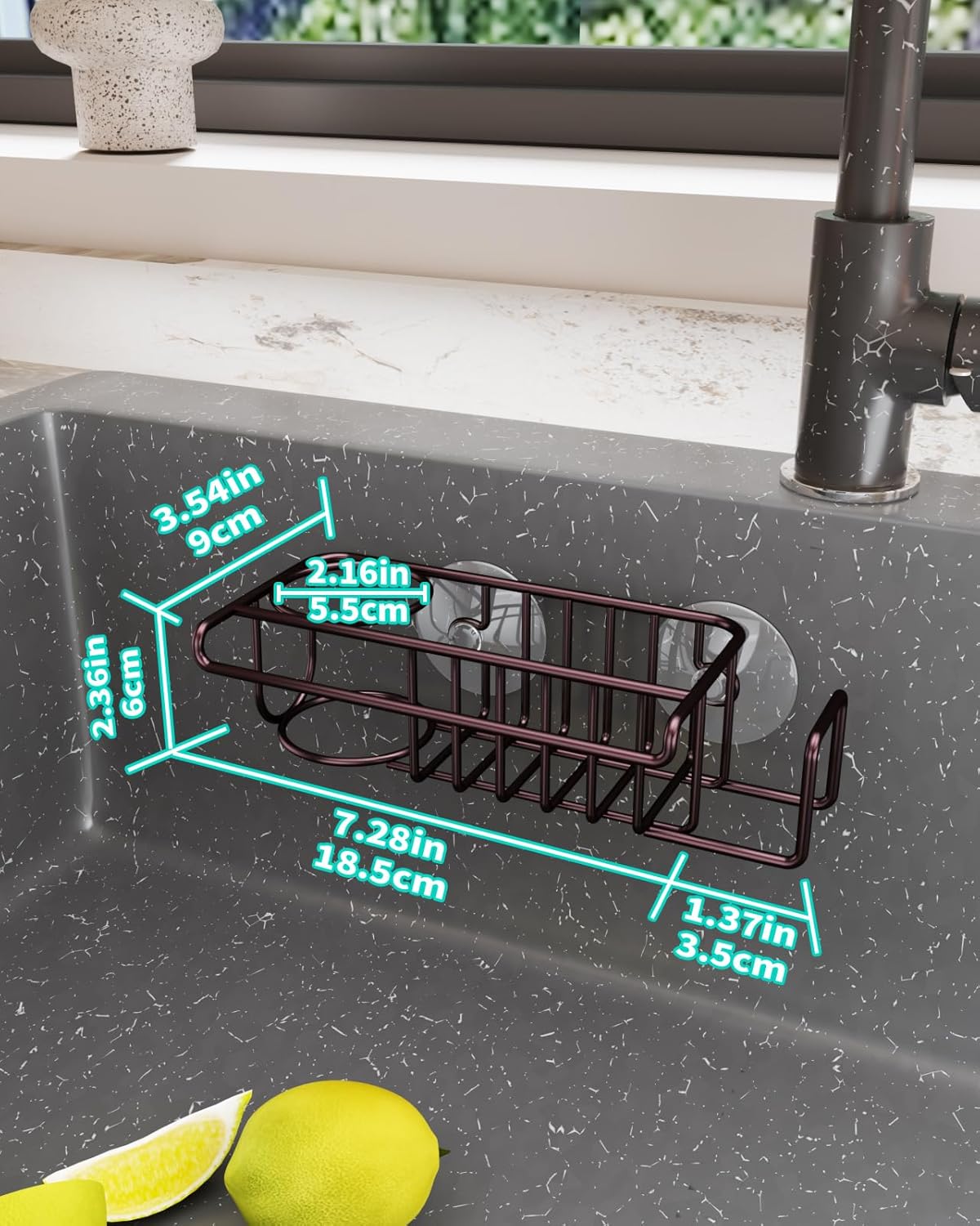 HapiRm 4 in 1 Kitchen Organizers and Storage, SUS304 Stainless Steel Brush Holder + Dish Cloth Hanger + Soap Rack + Sink Stopper Rack, No Drill Kitchen Essentials - Black
