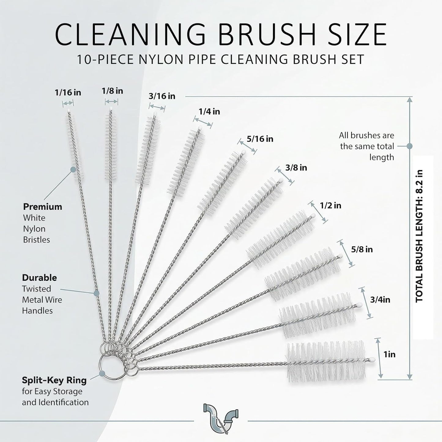 Mini Straw & Pipe Cleaning Nylon Brushes | 10 Brush Set | 8 inch Length | Flexible, Non-Scratch, Rust-Resistant Steel Handle | Reusable Straws, Pipes, Tubes, Mini Bottles etc