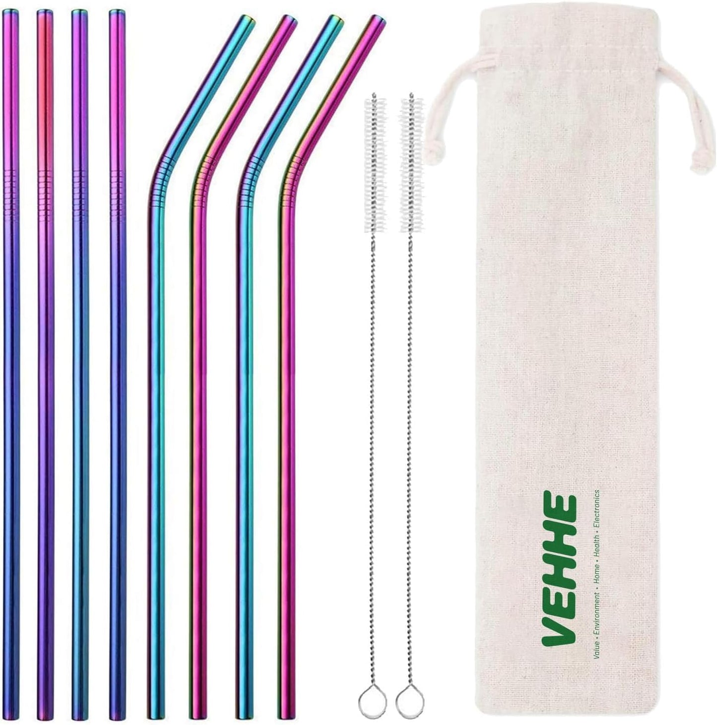 VEHHE Reusable Straws 8 Set Multi Color Stainless Steel Straws - Cleaning Brush for 20 Oz (Rainbow 8.5 inch + 10.5 inch)