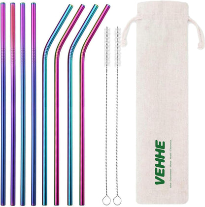 VEHHE Reusable Straws 8 Set Multi Color Stainless Steel Straws - Cleaning Brush for 20 Oz (Rainbow 8.5 inch + 10.5 inch)