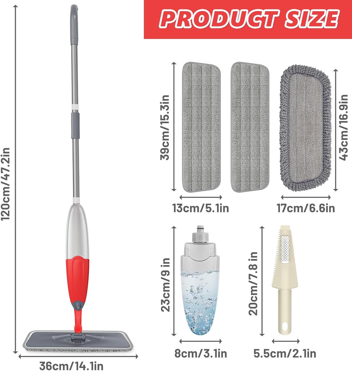 HOMTOYOU Spray Mops for Floor Cleaning: Wet Mop for Hardwood Tile Wood Laminate Vinyl - 3 Washable Microfiber Pads for Swiffer Powermop - Absorbs Pet Hair Dust