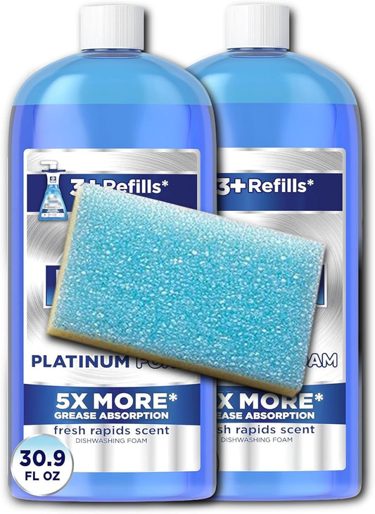 Foaming Dish Soap Refill, 2 Bottles (30.9 fl oz Each) + Dual-Sided Non-Scratch Daddy Sponge – Grease-Fighting Foam Dish Soap, Fresh Rapids Scent