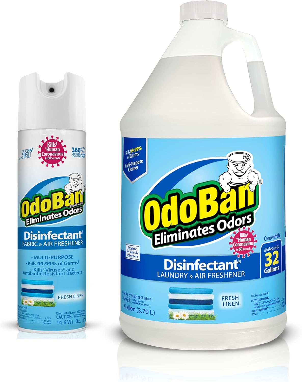OdoBan Ready-to-Use Disinfectant and Harsh Aroma Eliminator, Cleaner and Fabric/Air Freshener, Set of 2, 14.6 Ounce 360-Degree Continuous Spray and 32 Ounce Trigger Spray, Fresh Linen Scent