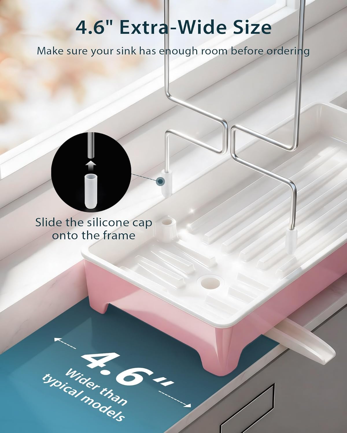 Minimalist Sink Caddy, Rustproof Sponge Holder for Kitchen Sink with 304 Stainless-Steel Brush Holder, Countertop Rack Organizer with Raised Ridges & Silicone Drain Tube (Mint Green, Large)
