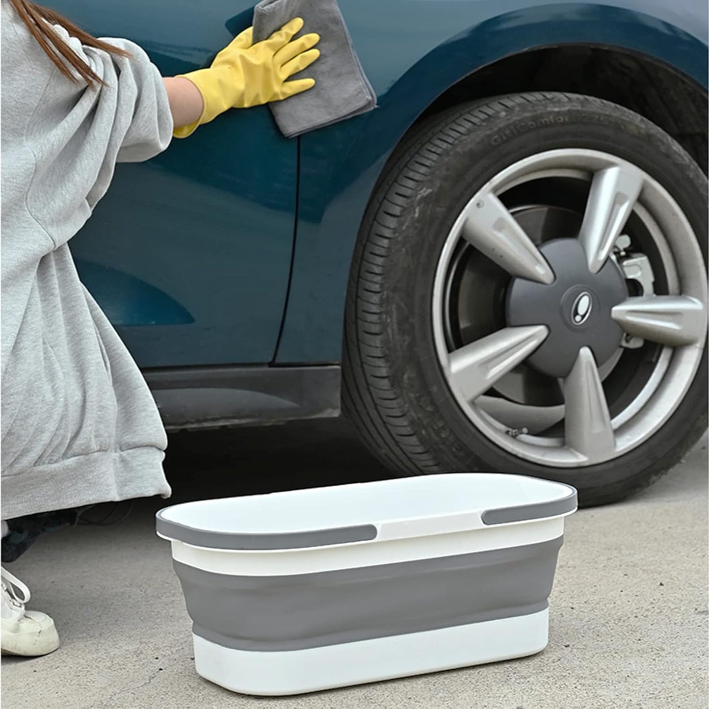 Goderewild Collapsible Plastic Bucket with Wheels 12L (3.17 Gallon) for House Cleaning, Camping, and RV - Multi-Purpose Rectangular Handy Basket for Cleaning Mop - Lightweight and Portable (Grey)
