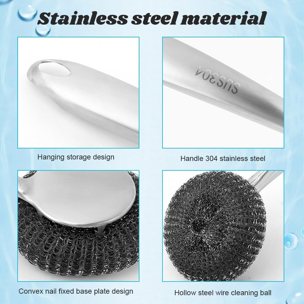 5Pcs Stainless Steel Wool Scrubber Sets, with Long & Short Handle & 3Pcs Detachable Pads, Metal Pot Scrubbers for Cleaning Dishes Iron Pots Stoves