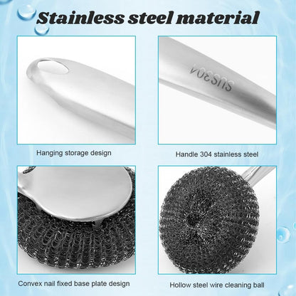 5Pcs Stainless Steel Wool Scrubber Sets, with Long & Short Handle & 3Pcs Detachable Pads, Metal Pot Scrubbers for Cleaning Dishes Iron Pots Stoves