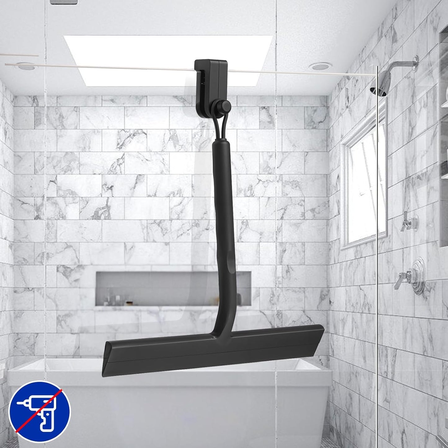 wlich Shower Squeegee for Glass Doors and Bathroom, Stainless Steel with Silicone Blade, Window and Mirror Cleaner with No-Drill Hook, Streak-Free Cleaning Tool