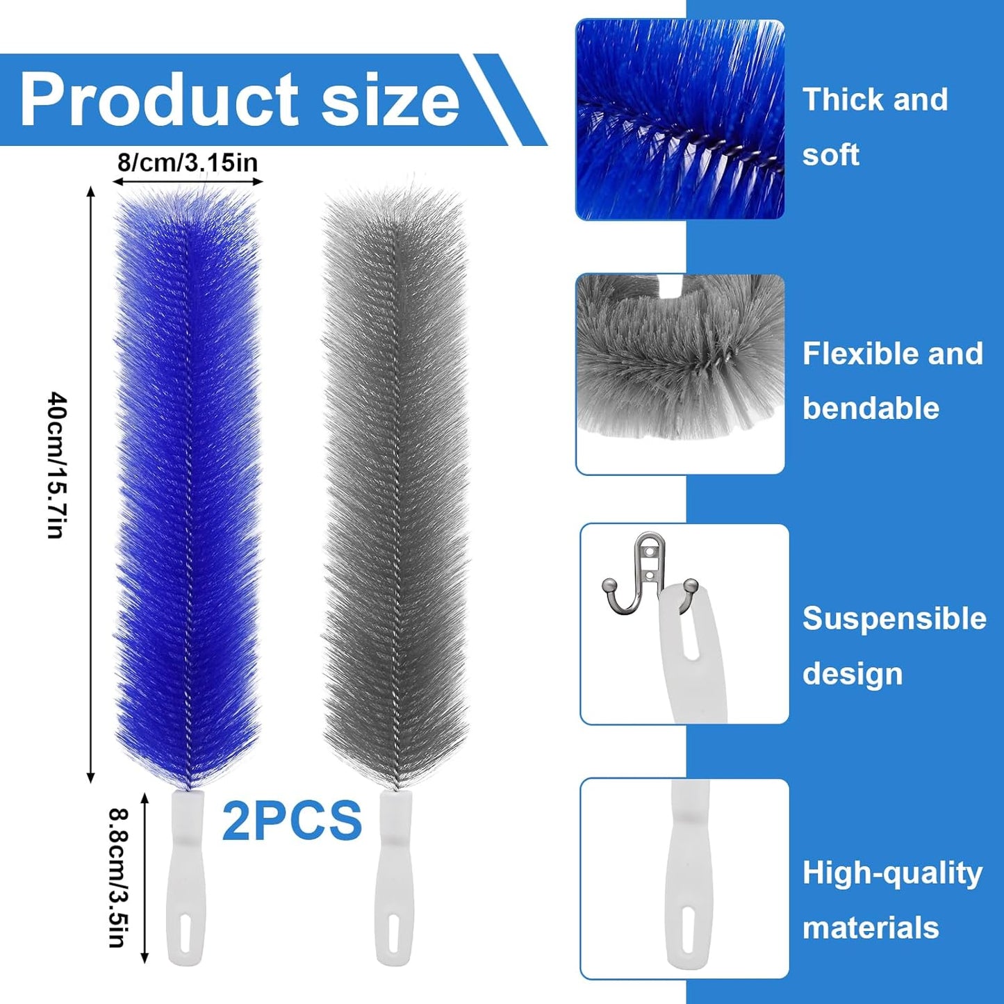 2 Pcs Cobweb Duster, Bendable Fan Duster, Plastic Fan Cleaner Brush,Microfiber Head Dusting Brush, Reusable Dust Remover for Air Conditioning Shutters,Ceiling Fan Blades,Air Vents, Curtains, Cars