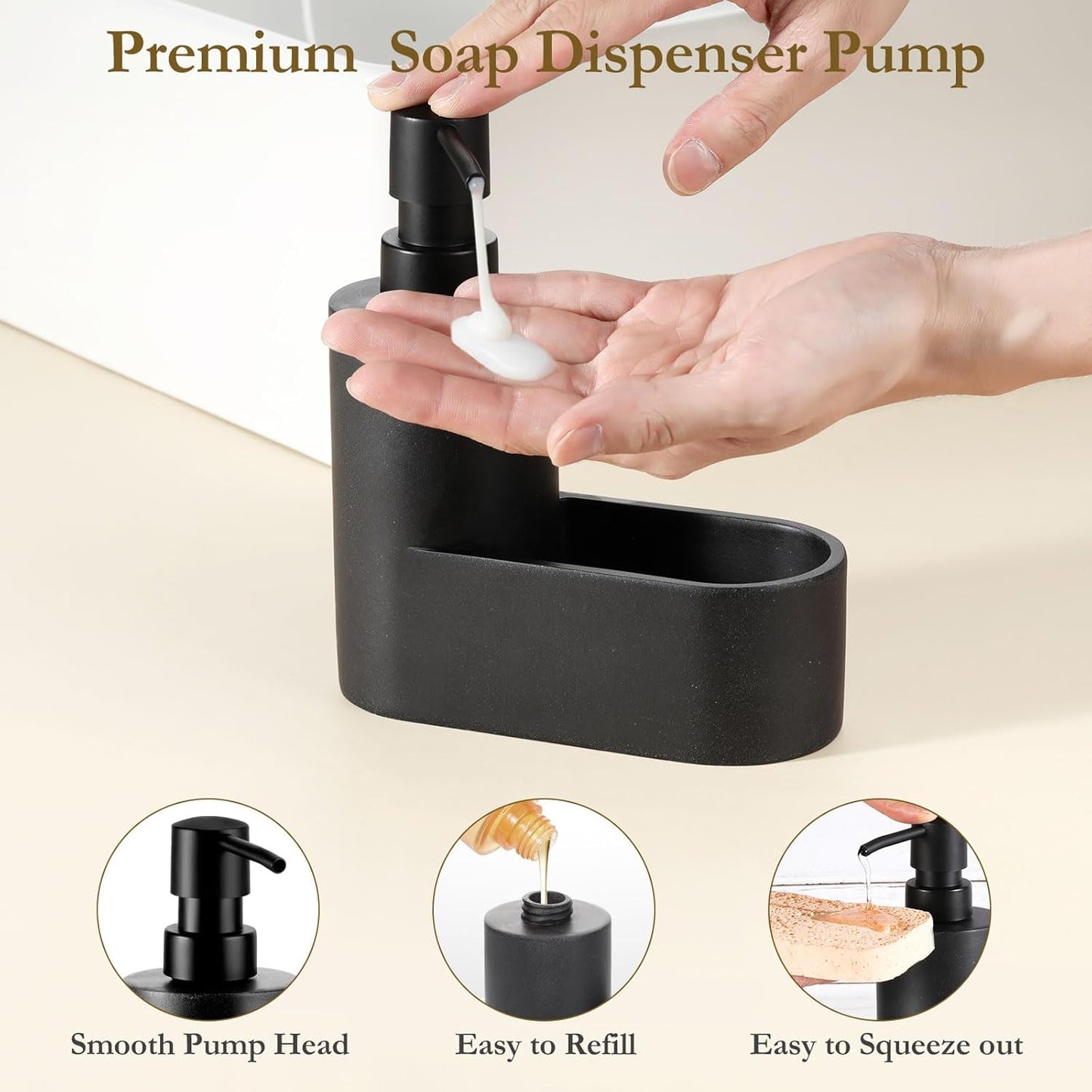 Shinowa Dish Soap Dispenser with Sponge Holder, Refillable Kitchen Dish Soap Dispenser Pump, 2-in-1 Countertop Soap Pump Dispenser for Kitchen Sink and Bathroom, Gravel Black