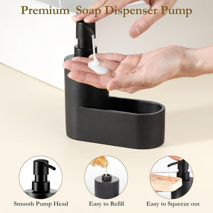 Shinowa Dish Soap Dispenser with Sponge Holder, Refillable Kitchen Dish Soap Dispenser Pump, 2-in-1 Countertop Soap Pump Dispenser for Kitchen Sink and Bathroom, Gravel Black