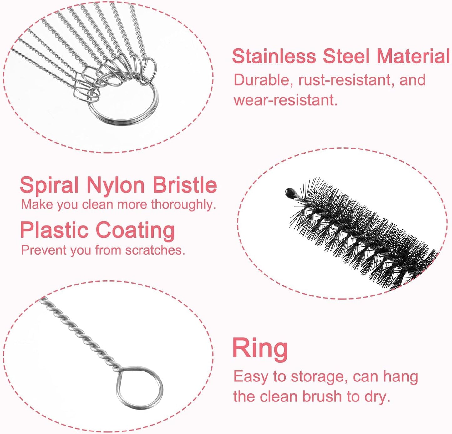 uxcell Straw Cleaner Brush Set, 8.3 Inch Nylon Tube Pipe Cleaners, Set of 10 Stainless Steel Long Straw Brush for Drinking Straw, Bottle, Tube, Cup, Pink