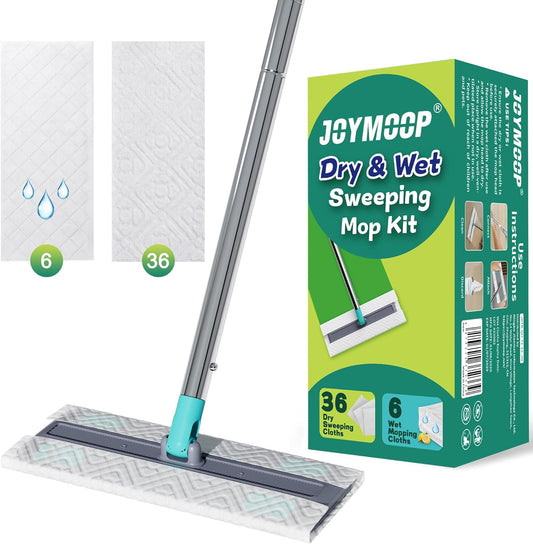 JOYMOOP Sweeper Mop Kit for Floor Cleaning, 36 Pcs Dry Cloth Refills (Unscented) + 6 Pcs Wet Cloth Refills (Lemon Scent) – Wet and Dry Mop for Pet Hair and Dust, Turquoise-Cyan + Muted Grey