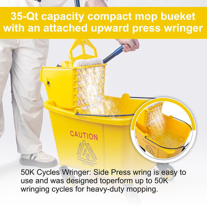 KeFanta 35 Quart Commercial Mop Bucket with Side Press Wringer on Wheels,Yellow,Include Heavy Duty Industrial Mop for Floor Cleaning,Household,Business,Restaurants and Janitorial Use