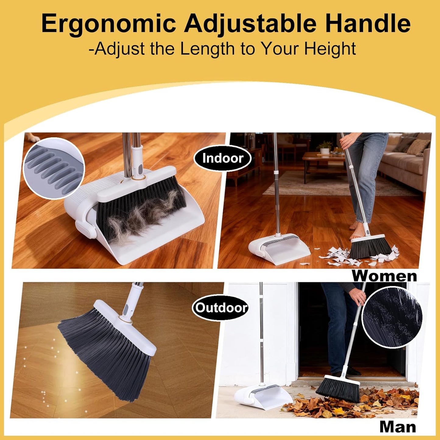 Heavy Duty Broom and Standing Dustpan Combo Set, Rotatable Head Dust Pan and Brush Set with Collapsible Handle, Cleaning Teeth, Hanging Loop, Ideal for Pets, RV, Kitchen, Camping, Outdoor Floor, White