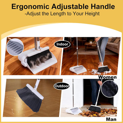 Heavy Duty Broom and Standing Dustpan Combo Set, Rotatable Head Dust Pan and Brush Set with Collapsible Handle, Cleaning Teeth, Hanging Loop, Ideal for Pets, RV, Kitchen, Camping, Outdoor Floor, White