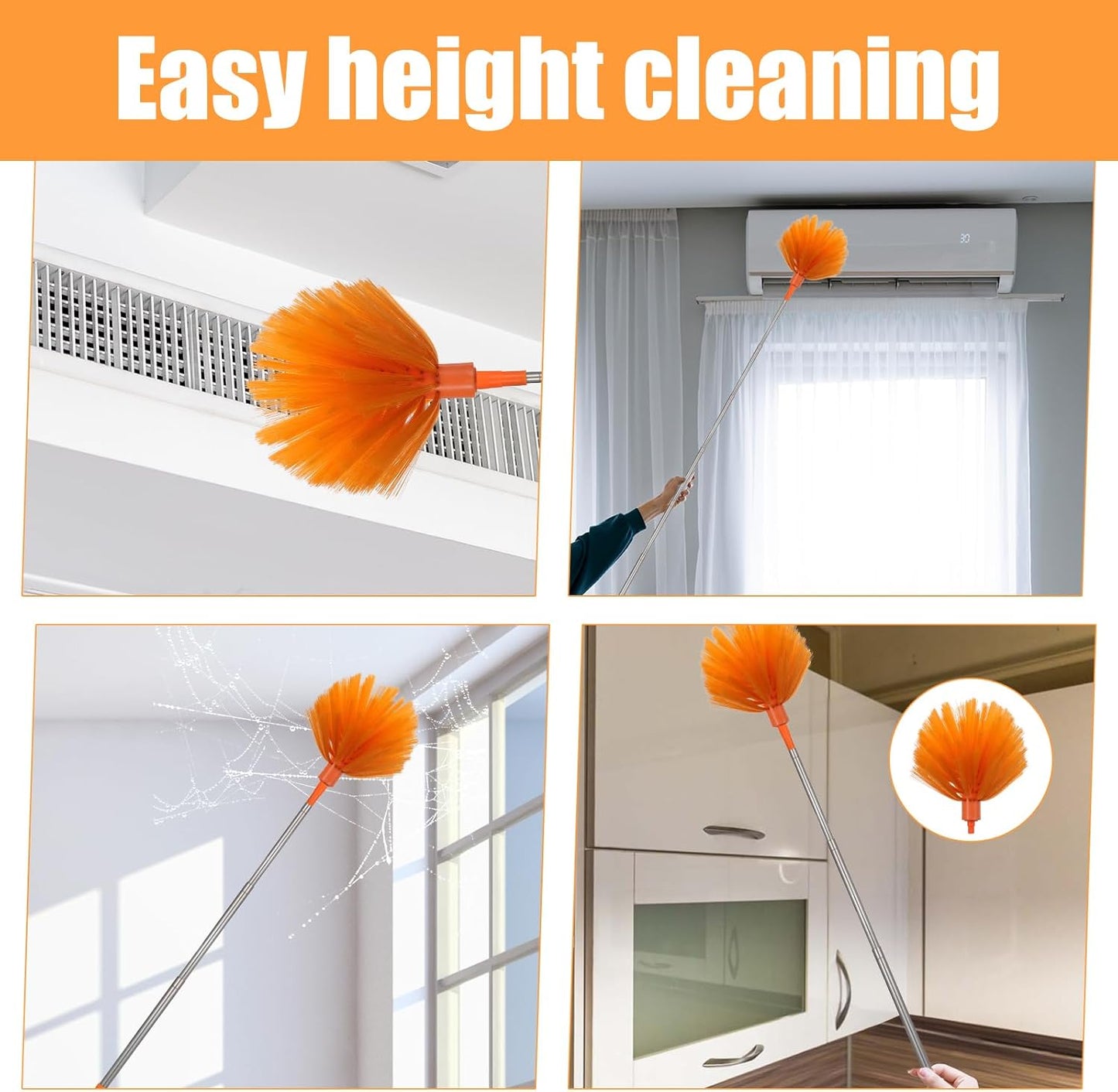 Cobweb Duster with Extension Pole, 4-in-1 Washable Cleaning Duster Kit, 15-100 Inch Long Telescoping Pole, Bendable Design for High Ceiling Fans Furniture, Microfiber Webster Remover Tools