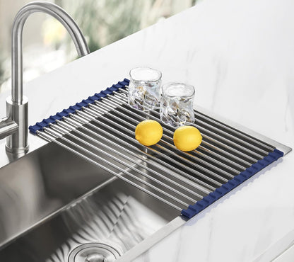 Tomorotec 17.7" x 15.5" Roll Up Dish Drying Rack Over Sink Drying Rack Sink Cover Kitchen Sink Accessories Gadget Multipurpose Organizer Foldable Stainless Steel Drainer (Grey)