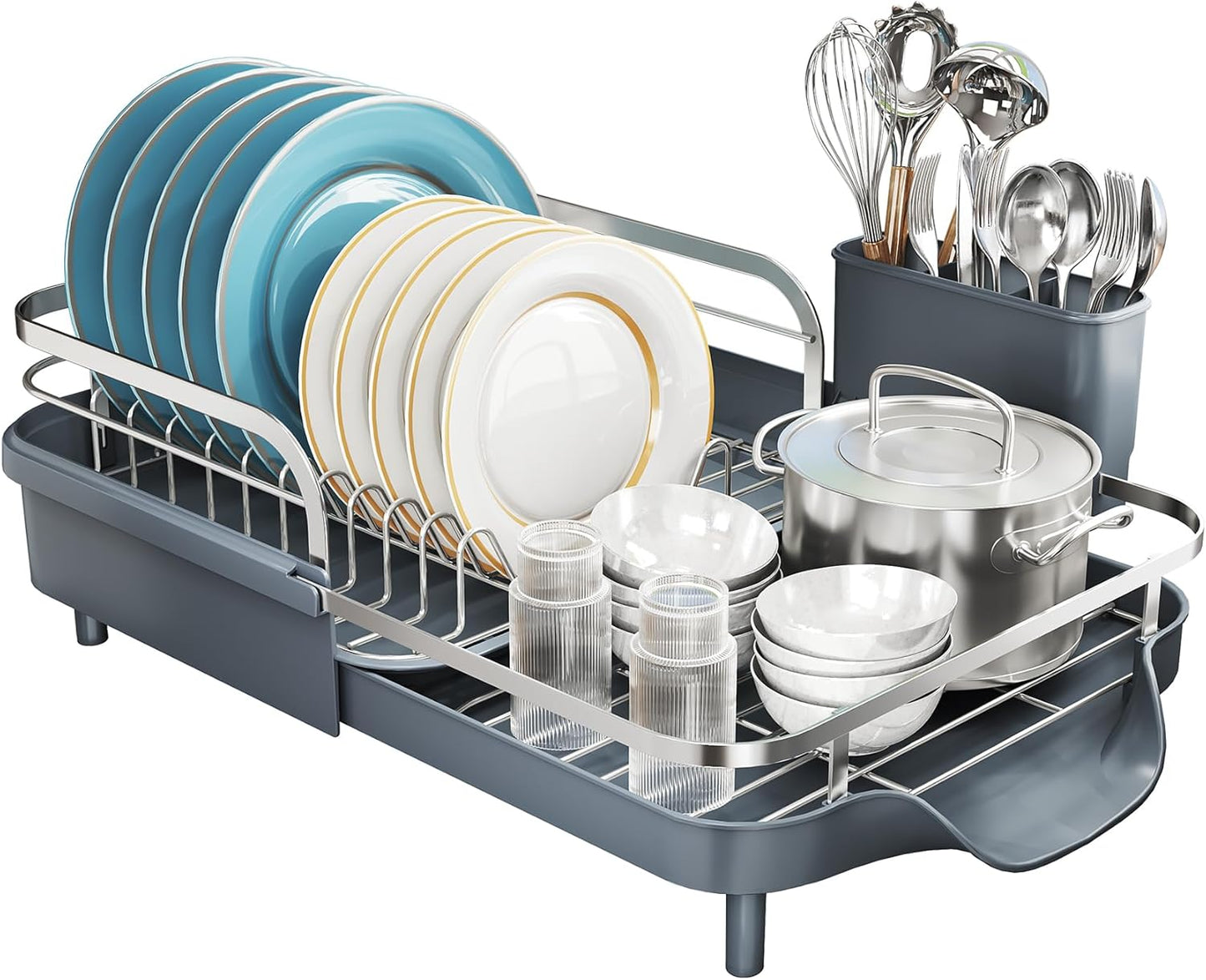 SNTD Dish Drying Rack, Expandable Dish Rack for Kitchen Counter, Stainless Steel Dish Drainer with Drainboard Set and Utensil Holder (Black)