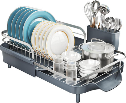 SNTD Dish Drying Rack, Expandable Dish Rack for Kitchen Counter, Stainless Steel Dish Drainer with Drainboard Set and Utensil Holder (Black)