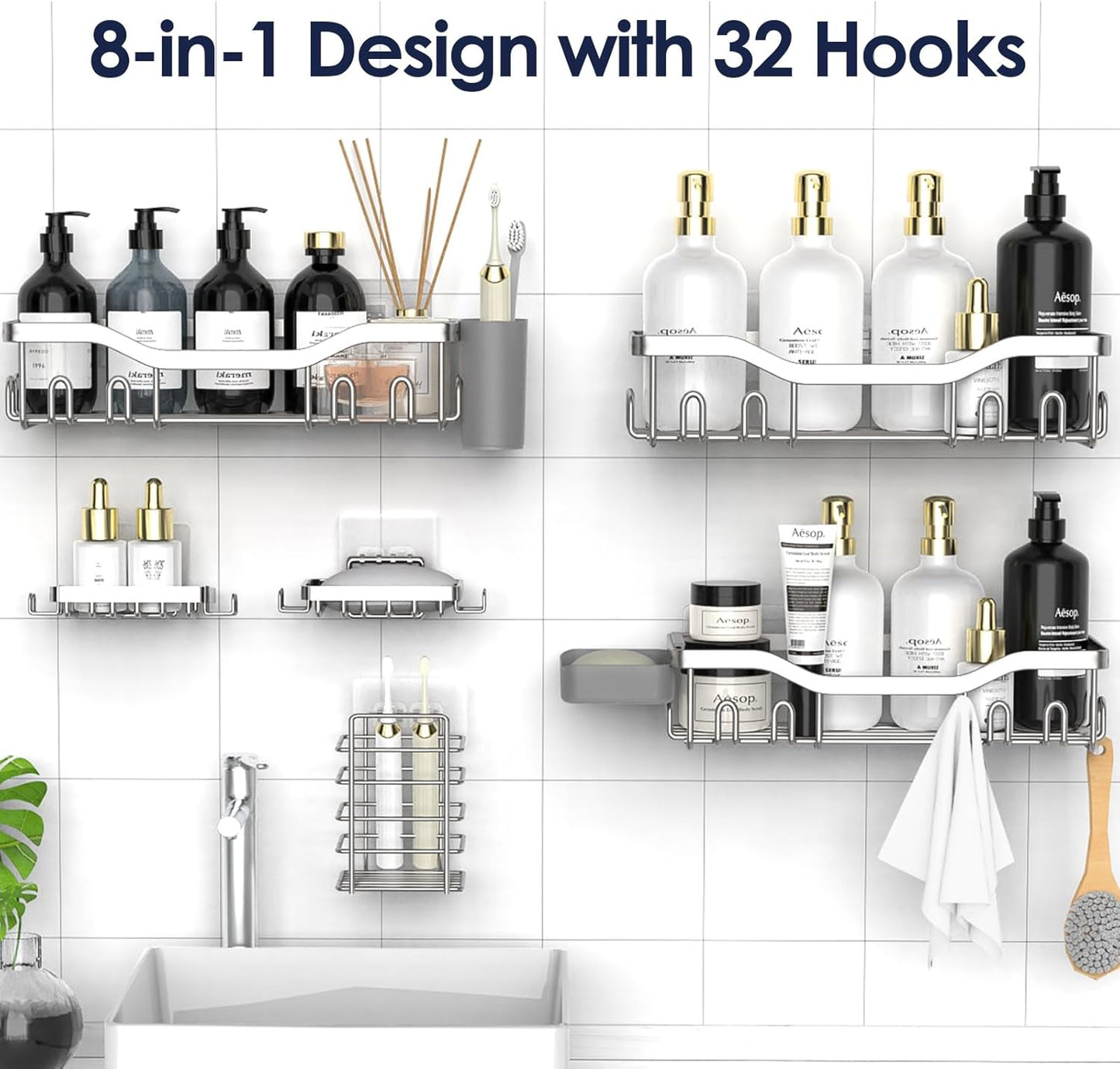 NESOMI Shower Caddy Adhesive Shower Organizer 7-Pack, Rustproof Stainless Steel Bathroom Shelves, Large Capacity No-Drill Rack Storage Accessories with Soap Dish Toothbrush Holder &24 Hooks Home Decor