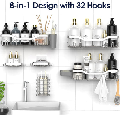 NESOMI Shower Caddy Adhesive Shower Organizer 7-Pack, Rustproof Stainless Steel Bathroom Shelves, Large Capacity No-Drill Rack Storage Accessories with Soap Dish Toothbrush Holder &24 Hooks Home Decor