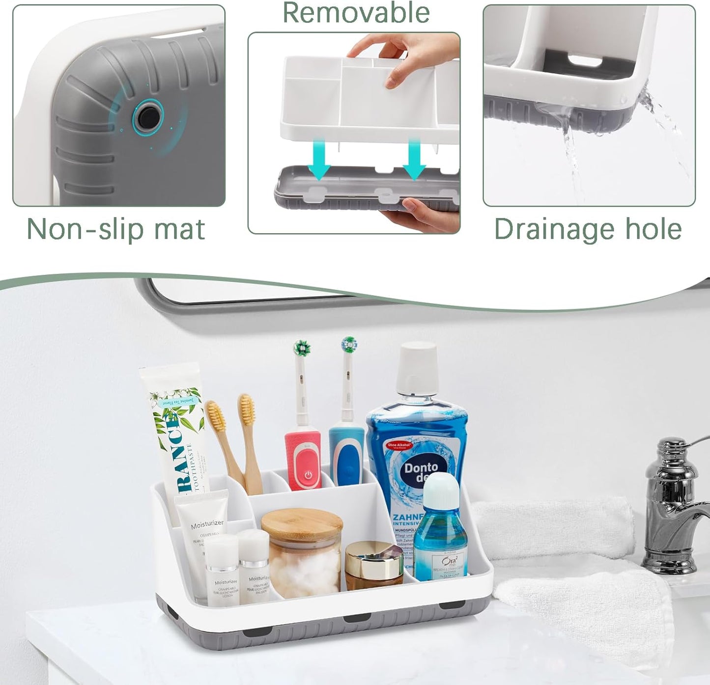 GFWARE Wood Toothbrush Holders for Bathrooms Countertop Organizer - Detachable 7 Slots Kid Bathroom Decor and Accessories, Wooden Bathroom Sink Storage Organization, Caddy, Tray, Brown