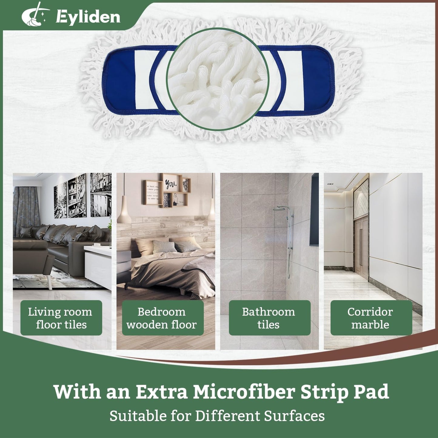 Eyliden Dust Mop with Reusable Washable Pads - One-Touch Pad Release, Height Adjustable Handle, Total 2 Mop Cloths, Wet Dry Mops for Floor Cleaning, Hardwood, Laminate, Tile Floor Push Dust Broom