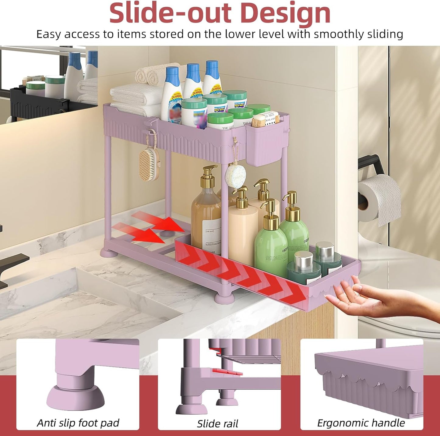 Sevenblue 4 Pack Under Sink Organizer, Bathroom Organizers and Storage, 2 Tier Multi-Use Pull Out Cabinet Organizer with Hang Hooks and Cups (Black, 4 Pack)